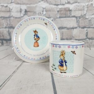 Vintage 2002  Wedgwood Peter Rabbit Christening Bank and Plate Collectable Set
